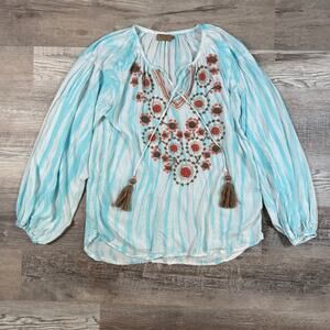 Skemo Beaded Embroidered Tie Dye Long Sleeve Tunic Top- Large